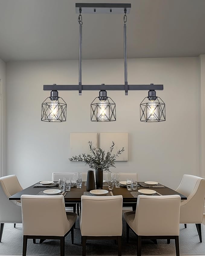 3-Light Farmhouse Kitchen Island Lighting Black Hardware and Black Metal cage Frame Design Rustic Vintage Pendant Ceiling Light Suitable for Dining Rooms and Living Rooms