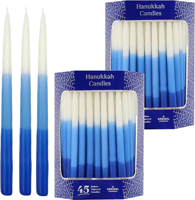 The Dreidel Company 2-Pack Premium Tapered Hanukkah Menorah Candles 1-Hour Burn Time Tri Color,Blue, and White, Candles for All 8 Nights of Chanukah