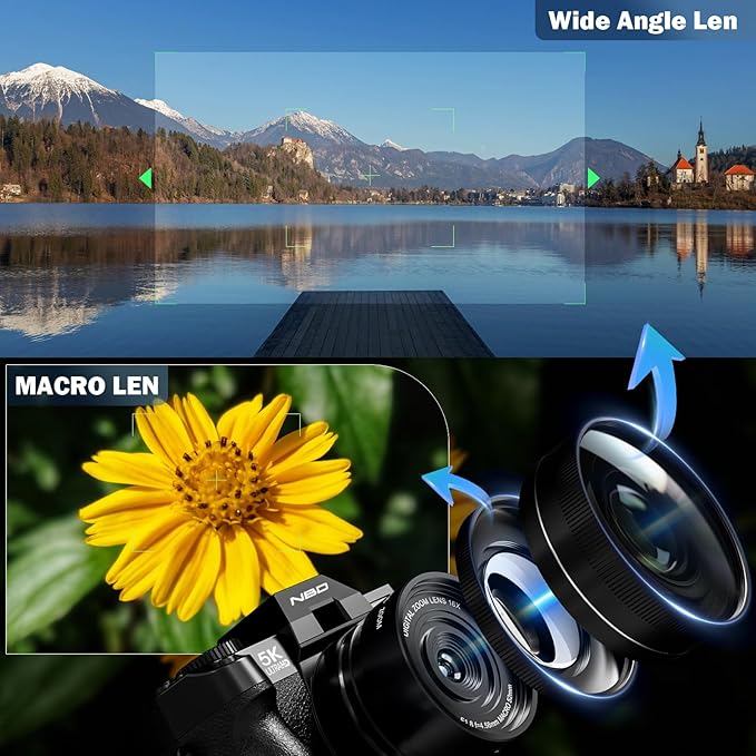 True 5K 64MP Digital Cameras for Photography with Wide Angle & Macro Lens, Wi-Fi, 16X Zoom Autofocus, 64GB Card & 2 Batteries, Leather Case, Vlogging Camera for YouTube Travel (Black)