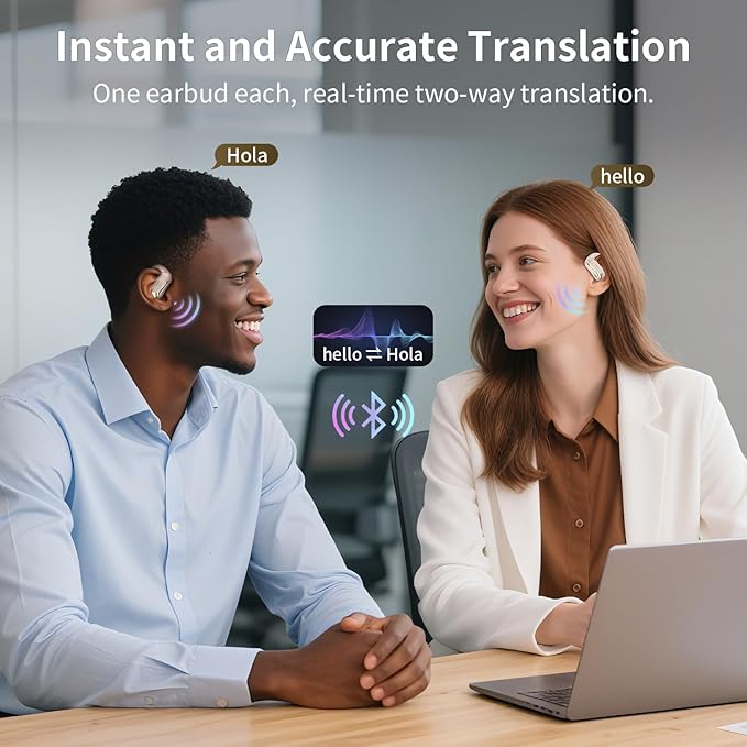 AI Translation Earbuds Real Time, 145 Language Translator Earbuds, Open-Ear Bluetooth 5.4, No Subscription, 60H, USB-C Fast Charge, Translation Headphones for Business Travel Learning (Ivory White)