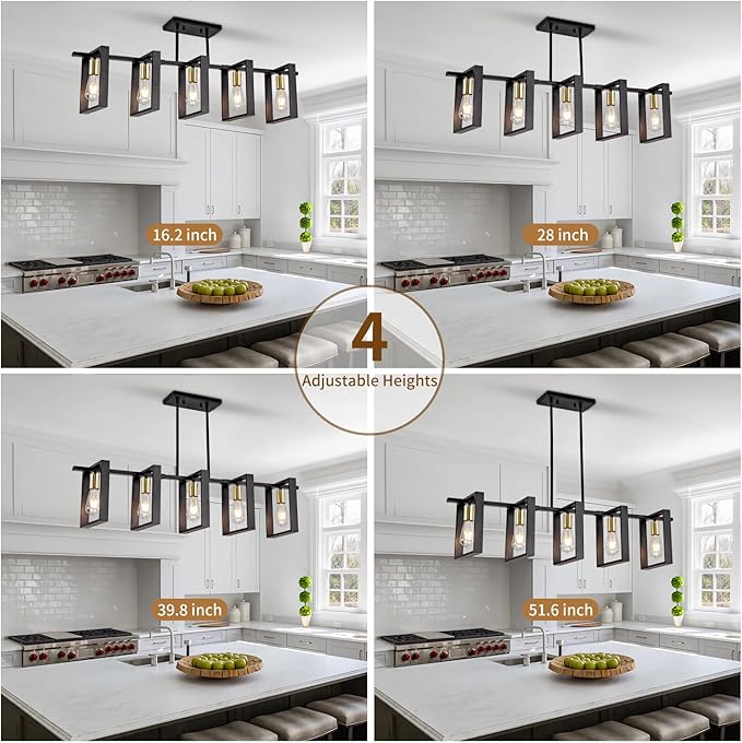 Farmhouse Kitchen Island Lighting Black Dining Room Lights Ceiling Hanging Rustic 5 Lights Wood Chandelier Light fixtures 41.3" Height Adjustable