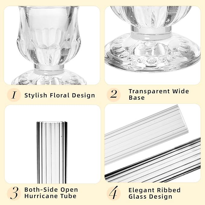 CHILL RECIPE Glass Hurricane Candlestick Holders Ribbed 12" Tall Cylinder Candle Holder Chimney Tube, Floral Taper Crystal Candle Stick Holder for Birthday Wedding Christmas Home Decor(1 Set 6Pcs)