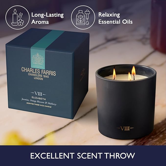 Charles Farris Luxury Scented Candle – 3 Wick, Hand-Poured, Long Lasting, Clean Burning, 640g / 22.5oz, Up to 80 Hour Burn, Made in England – Orange Blossom, Jasmine, Green Mulberry – Elizabeth