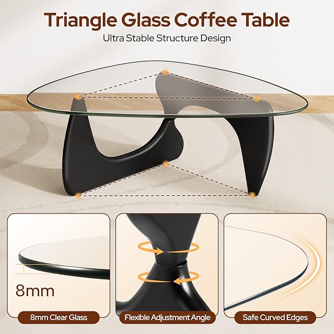 Modern Glass Coffee Table, Mid Century Triangle Coffee Table for Living Room Bedroom Reception Office Tables