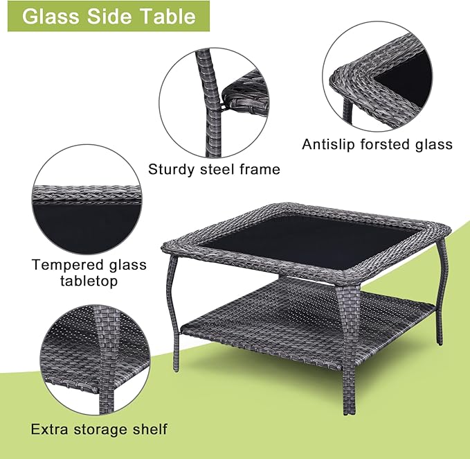 Rilyson Patio Tables Outdoor Coffee Table - Wicker Rattan Coffee Tables with 2-Tier Storage Shelf Glass Top for Proch Deck Balcony Garden Squre Mixed Grey