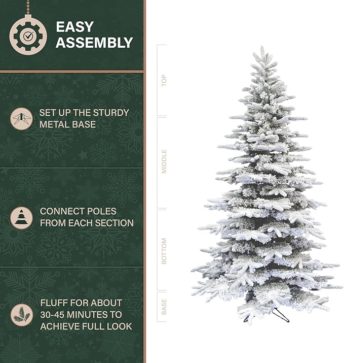 Fraser Hill Farm 9-Ft. Pine Valley Flocked Christmas Tree, Snowy Xmas Tree with DIY Potential with No Attached Lights, Artificial Christmas Tree with Metal Base, Easy to Set up