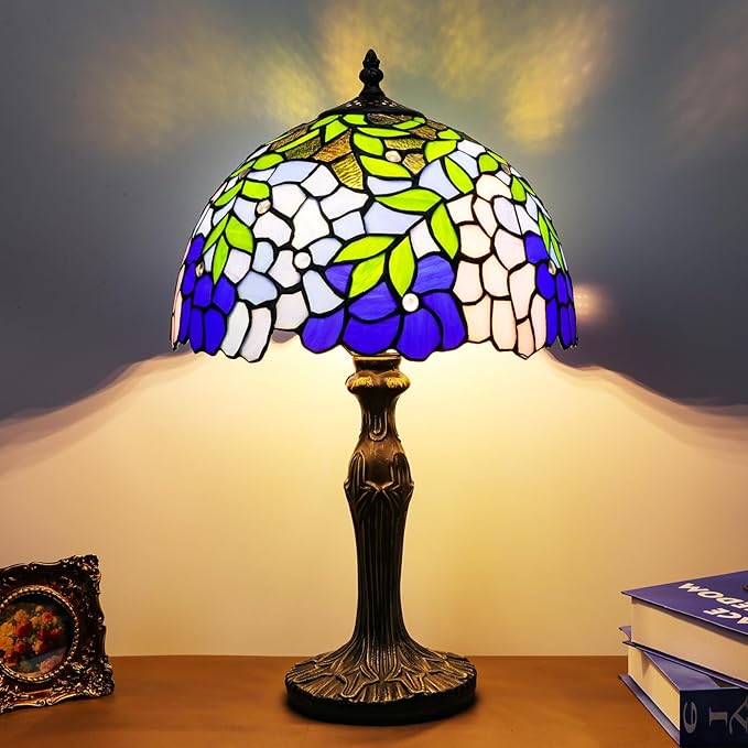Stained Glass Table Lamp, Blue Green Leaves Style Lampshade & Plant Texture Curve Antique Base Desk Reading Light 12X12X19 Inches Decor for Bedroom Living Room Office