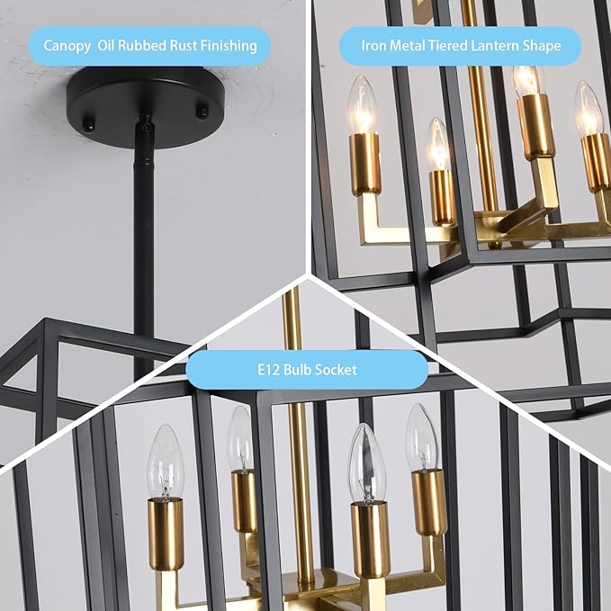 WJShome 8-Lights Farmhouse Chandelier, Modern Foyer Lighting Fixtures, Large Chandeliers for High Ceilings, Black and Gold Tiered Lantern Pendant Light, for Living Room, Staircase, Entryway
