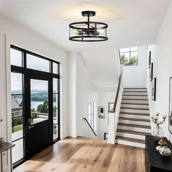 Farmhouse Semi Flush Mount Ceiling Lights, 2-Light Black Metal Cage Rustic Chandelier, Industrial Pendant Lighting for Hallway, Bedroom, Kitchen, Foyer, Living Room, Dining Room, Entryway