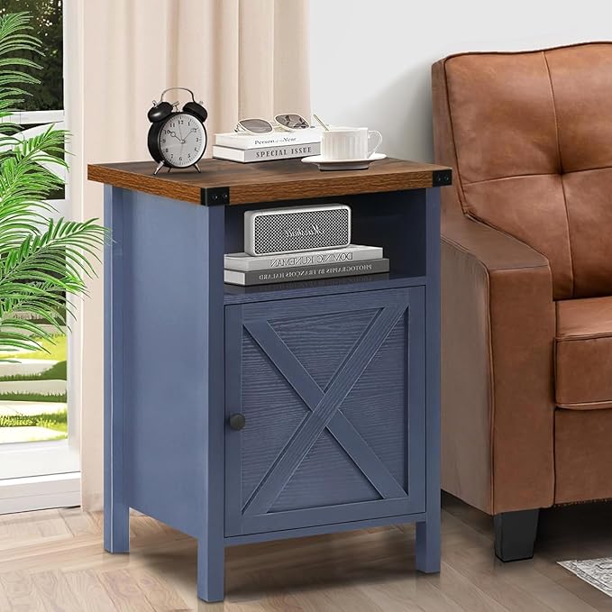 Catrimown Farmhouse Nightstand Set of 2 with Barn Door and Shelf, Side Table, Rustic End Table for Bedroom, Living Room, Navy Blue
