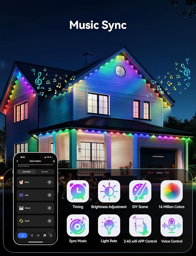 Permanent Outdoor Lights, 50ft Smart IC+RGB Outdoor Christmas Lights with 36 LED, IP67 Waterproof LED Eaves Lighting with DIY Scene Modes for Halloween Holiday Decor, Smart APP & Remote Control