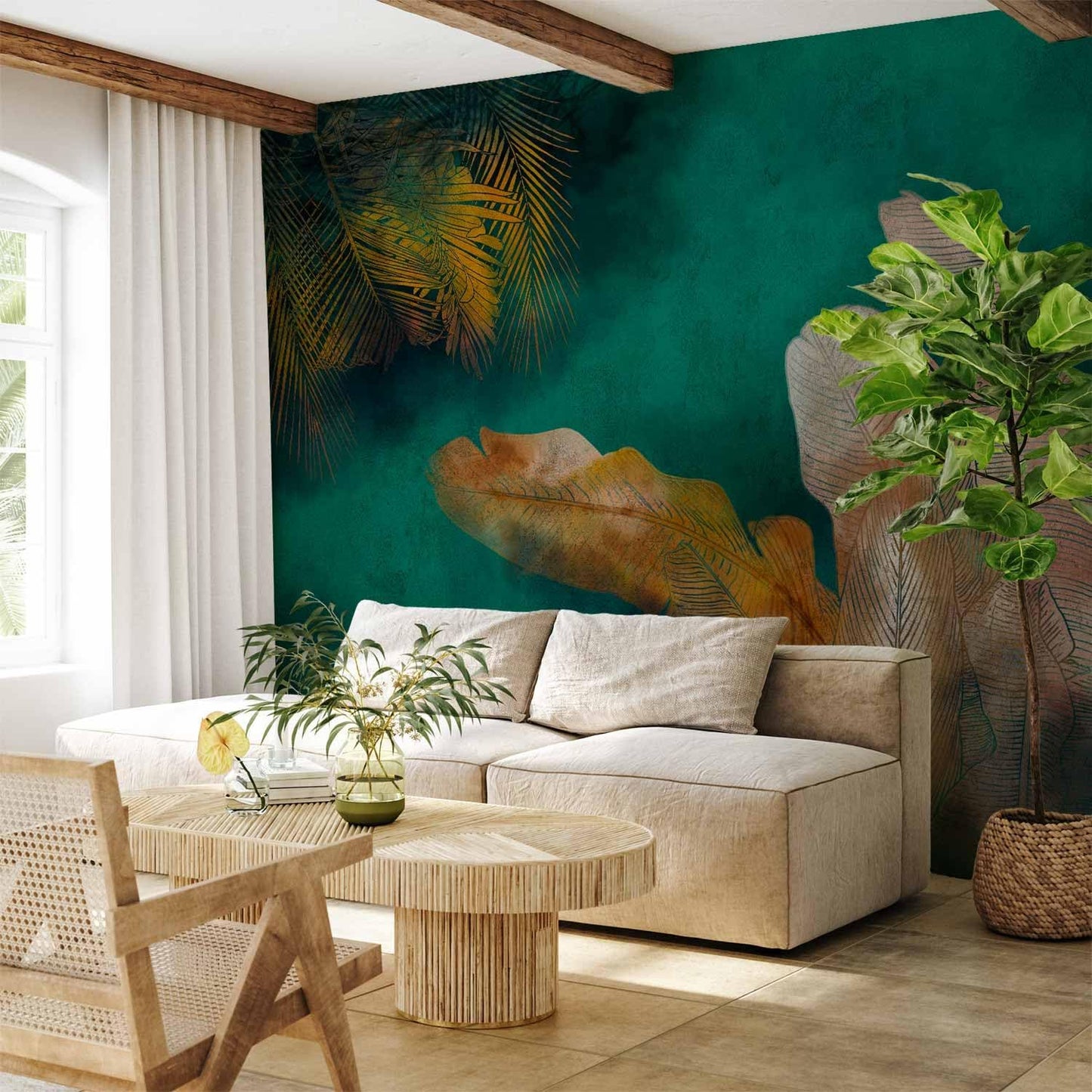 artgeist Wall Mural Jungle 116x83 in - XXL Peel and Stick Self-Adhesive Wallpaper Removable Large Sticker Foil Wall Decor Print Picture Image Design Leaves Green Yellow Nature b-A-0825-a-a