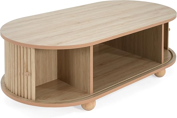 WILLIAMSPACE 47.24" Oval Coffee Table with Large Storage, Modern Luxury Wooden Drum Center Table with Round Legs for Living Room, Handcraft Accent Side Tea Table for Apartment, Natural