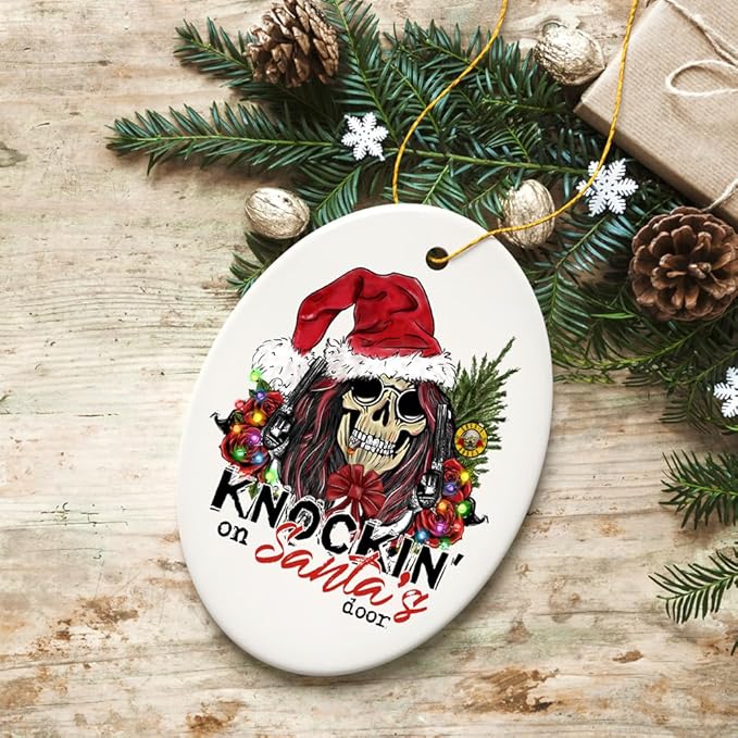 Knockin on Santa’s Door Gritty Rock Style Christmas Ornament, Rebellious Gunslinger Skull and Roses