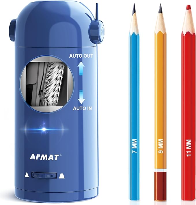 AFMAT Electric Pencil Sharpener, Fully Automatic Pencil Sharpener for 7-11.5mm Colored/Jumbo Pencils, Auto in & Out, Rechargeable Hands-Free Pencil Sharpeners for Classroom Home Office PSX5, Blue