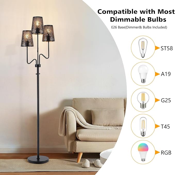 9MMML 3-Light Black Dimmable Floor Lamp for Living Room Bedroom 68'' Tall Standing Lamp with Metal Hollow Shades, 3 x E26 LED Bulb Included