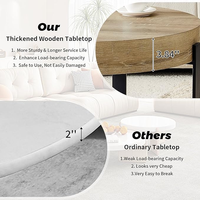 LKTART 31.5'' Round Coffee Table for Living Room, Modern Wood Handcraft Drum Coffee Table with Storage, Stainless Steel Legs Tea Tables, Apartment Small Space, Natural Wood