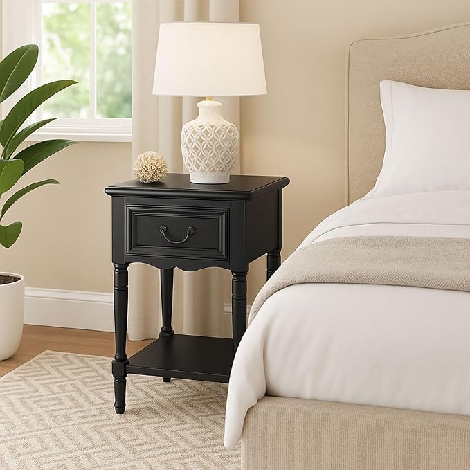 Urban Designs Wooden Accent Table/Nightstand with Drawer and Bottom Shelf – 29" H, 16" L x 16" W - Black