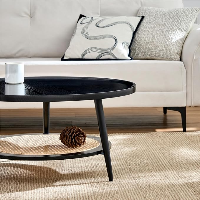 Saint Mossi Modern Coffee Table for Living Room, Mid-Century Round Wood Coffee Table, 2-Tier Boho Center Table for Small Space, Black Wood and Rattan Top,