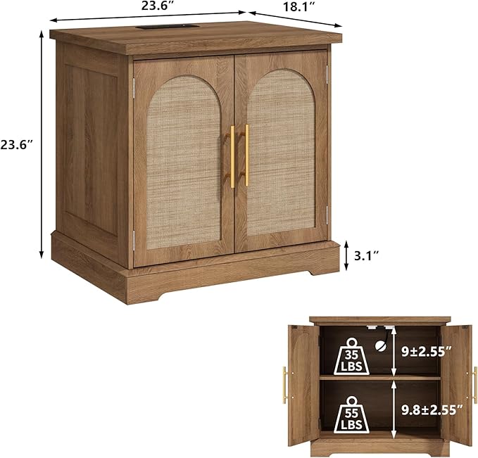 Rattan End Table with Charging Station, 24" Large Sofa Side Table with 2 Arched Doors, Boho Wood Square Nightstand Bedside Tables with Adjustable Storage Shelf for Living Room, Bedroom