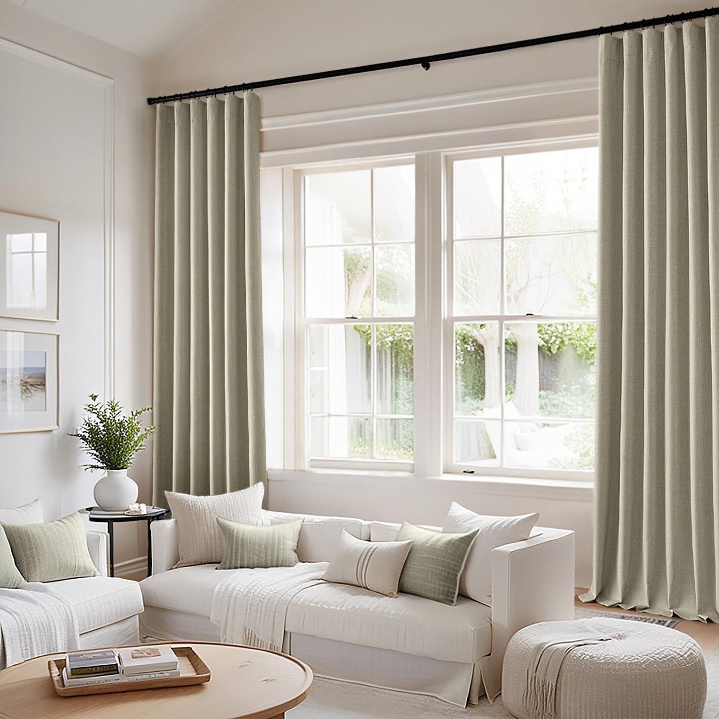 MIULEE 100% Blackout Curtains 90 Inch Long 2 Panels Set for Bedroom, Thick Luxury Faux Linen Black Out Curtain Room Darkening Back Tab Pleat Window Textured Drapes with Hooks for Living Room, Oatmeal