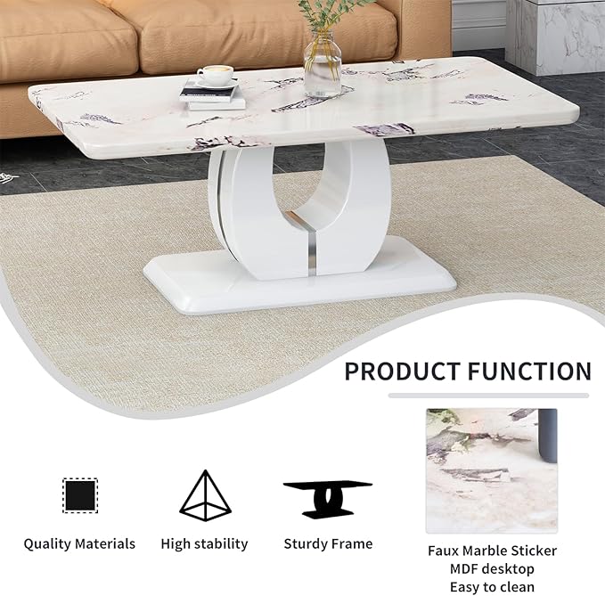 LKTART Rectangle Coffee Table for Living Room, Imitation Marble Coffee Tables with Storage, Modern Stable Base Accent Center Tea Table for Dining Room Small Space Apartment (43.3''L×22.4''H-White)