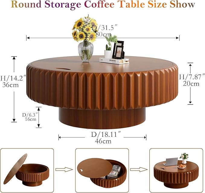 31.5" Round Drum Coffee Table with Storage Retro Rustic Center Table - Solid Wood Handcrafted Relief Veneer for Farmhouse Apartment (A Round 31.5in)