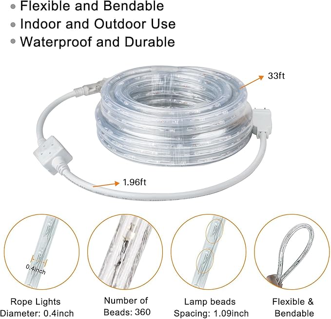 SURNIE LED Rope Lights Outdoor Warm White, Waterproof 33FT Cuttable 3000K Soft Lighting Indoor 110V Flexible Clear Tube for Bedroom Outside Garden Deck Patio Camping Decor, Not Flat Strip