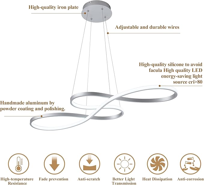 Modern LED Chandelier Dining Room Pendant Light Dimmable Creative Chandelier Remote Control Color/Brightness 3000-6000K Adjustable Hanging Lamp for Bedroom Living Room Kitchen 50W (Silver)