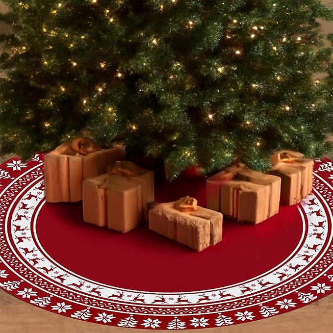 Christmas Tree Skirt 48 Inches | Red Xmas Tree Skirt with Rustic Snowflake & Reindeer Pattern, Fits 5 to 7 Foot Trees, Perfect Christmas Decorations for Holiday Trees.