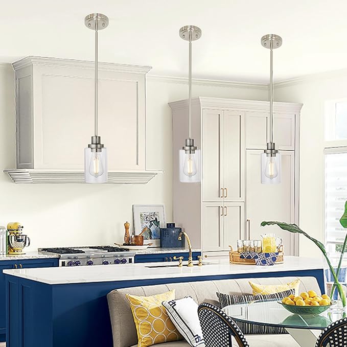 MELUCEE 3 Pack Kitchen Island Pendant Lighting Adjustable Hanging Ceiling Lamp Brushed Nickel Finish with Clear Glass Shade for Bar Dining Room Corridor Living Room Bedside