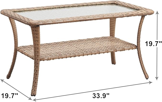 Rilyson Patio Tables Outdoor Coffee Table - Wicker Rattan Coffee Tables with 2-Tier Storage Shelf Glass Top for Outside Proch Deck Balcony Garden Rectangle Yellow