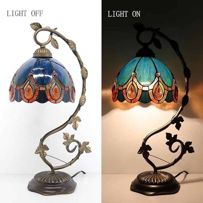 Tiffany Table Lamp, Stained Glass Desk Reading Light,Metal Leaf Table Lamp Base 8X10X21 Inches (Peacock Crystal)