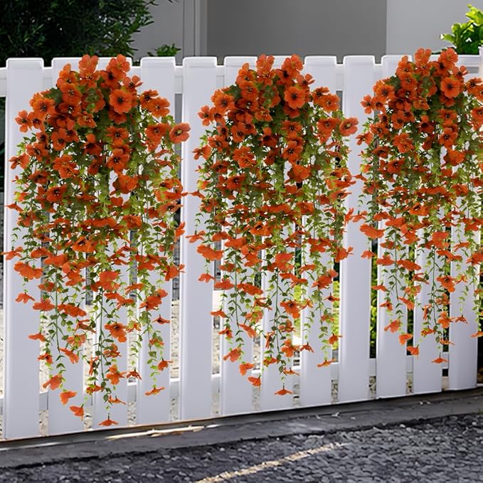 EROCK Artificial Flowers for Outdoors, 4PCS Fake Silk Hanging Flowers for Decoration UV & Fading Resistant, Realistic Faux Plants & Flowers for Porch Patio Balcony Window Box Home Decor (Orange)
