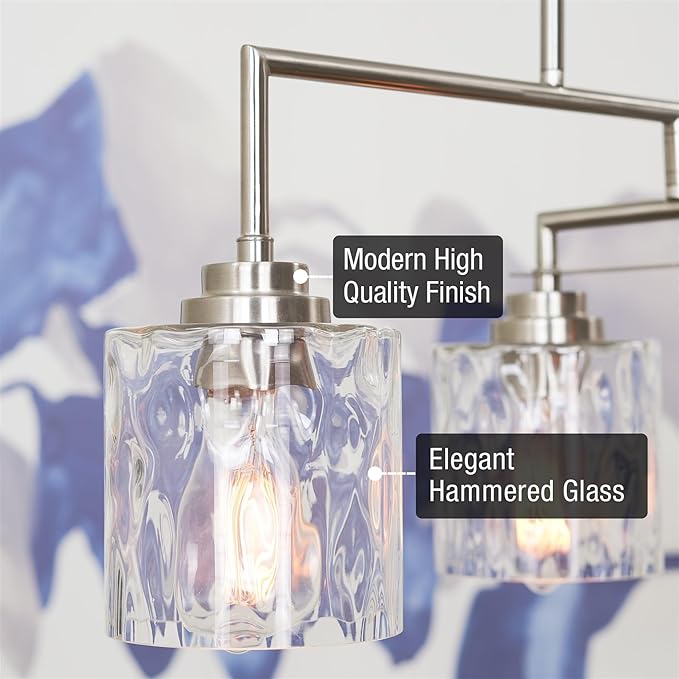 Kira Home Monroe 28" Modern 4-Light Island Light, Free Swinging Center Arm + Hammered Glass Shades, Adjustable Hanging Height, Brushed Nickel Finish