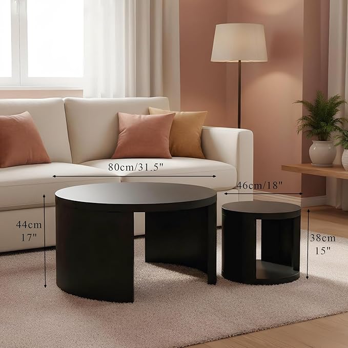 Round Coffee Table Set of 2, Nesting Coffee Tables with Storage,Living Room Table Set,Modern Wood Center Table for Living Room,Apartment,31.5" & 18" Coffee Table Set,Black