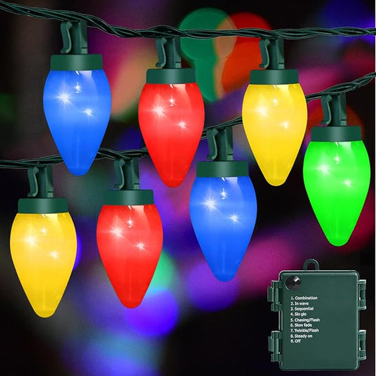 C7 100 LED Battery Operated Christmas Lights,Battery Powered Waterproof Bulbs,34FT 8 Modes with Auto On/Off Time for Xmas Tree Garden Patio Indoor Outdoor Christmas Decor(Multicolor)