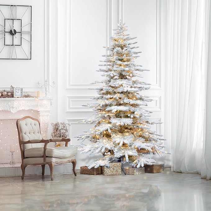 Fraser Hill Farm 10-Ft. Pine Valley Flocked Artificial Christmas Tree with White Incandescent Smart Lights and Stand, Prelit Foldable Fake Tree with Realistic Snowy Foliage for Home Decoration