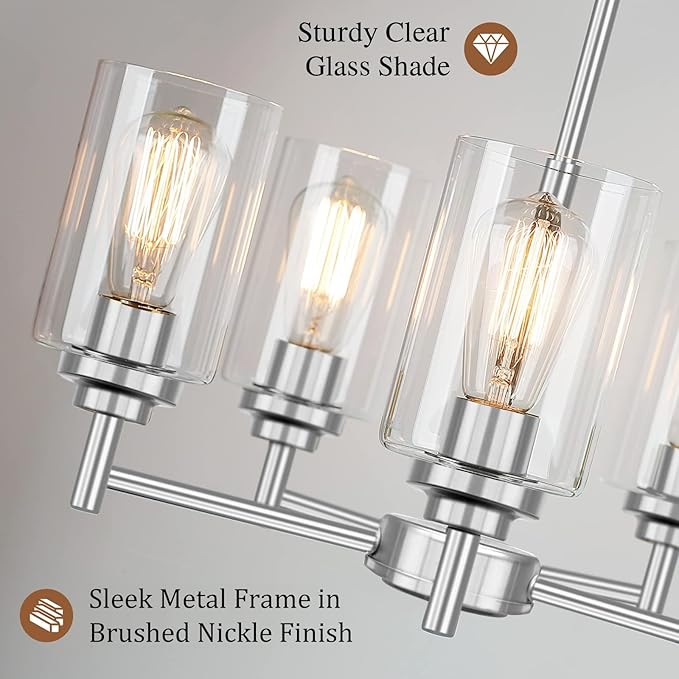 19.8'' 5-Light Chandelier for Dining Room Kitchen Island, Modern Farmhouse Pendant Lighting with Glass Shades Industrial Brushed Nicke Hanging Ceiling Light Fixture for Living Room, Height Adjustable