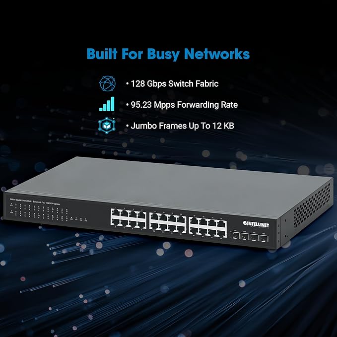 Intellinet 24-Port Unmanaged PoE+ Gigabit Ethernet Switch - 370W Power Budget, 4 x 10 Gbps SFP+ Ports, Rackmount / Desktop, Autosensing Ports, Sturdy Metal - 3 Yr Mf Warranty - 561761