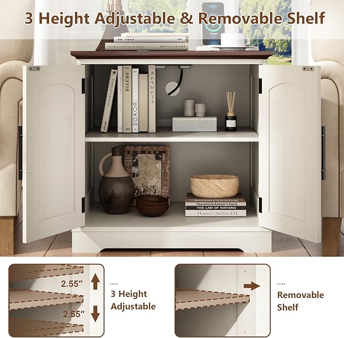 Set of 2 End Table with Charging Station, 24" Large Sofa Side Table with 2 Arched Doors, Farmhouse Wood Square Nightstand Bedside Tables with Adjustable Storage Shelf