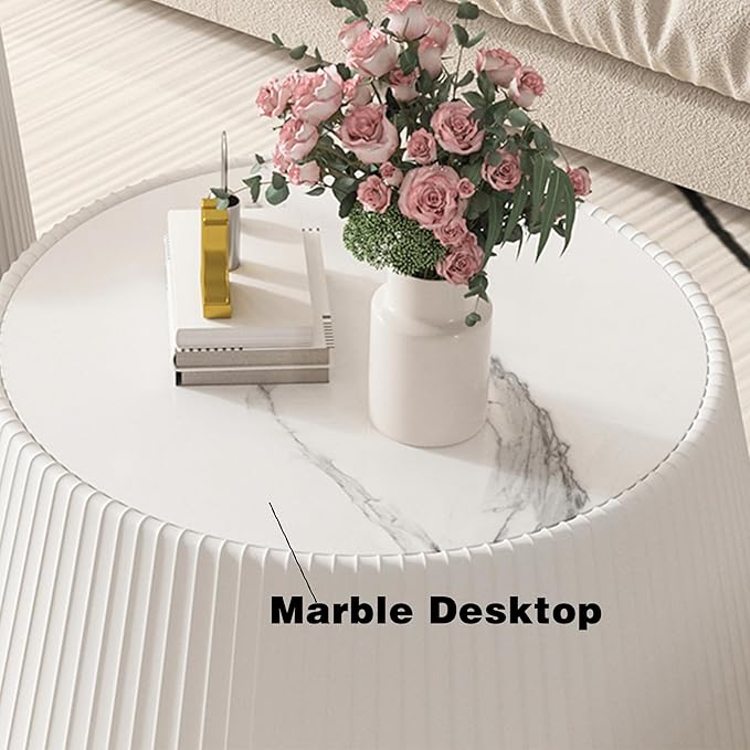 Round Living Room Table Set, 26.77" White Drum Center Table and 19.68" White Coffee Table Set, 2 Pieces Coffee Table Set with Sintered Stone Tabletop, Fluted PU Leather Covered and StableBase