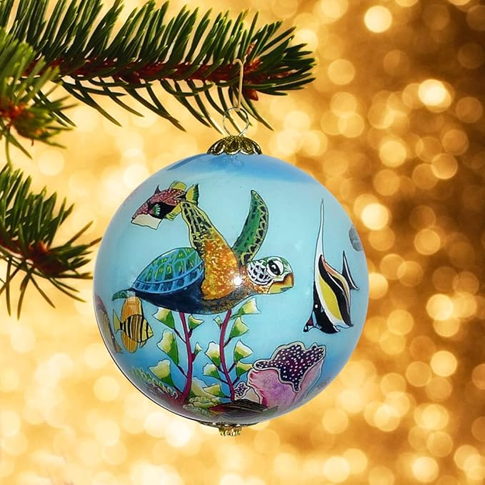 Collectible Hand-Painted Maui Sea Turtles and Tropical Fish Christmas Ornament HF/M
