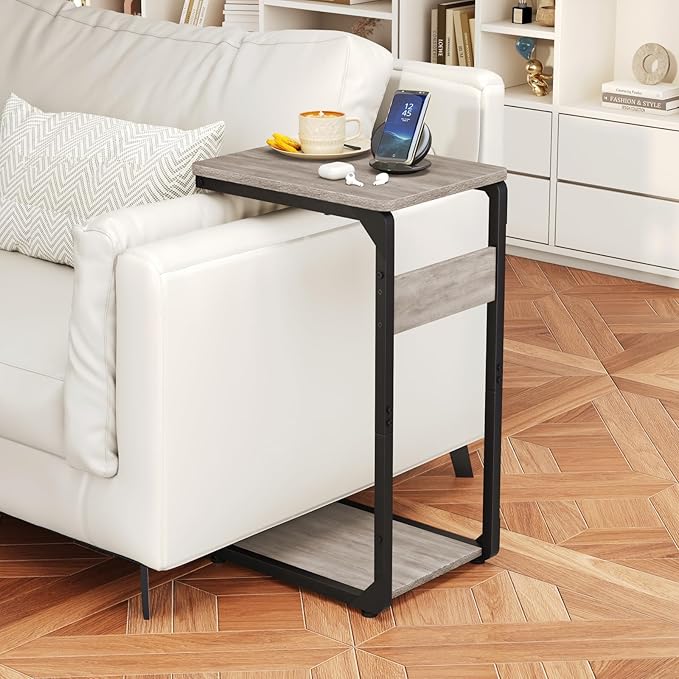 Narrow C-Shaped End Tables, Sofa TV Trays Set of 2, Tray Table Small Couch Side Table for Living Room, Bedroom, Bedside ET-YB-GY2