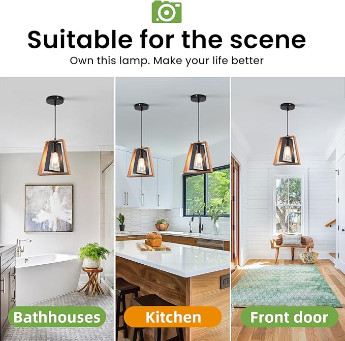 3 Pack Kitchen Island Pendant Lights, Black Industrial Metal and Vintage Wood Hanging Light, Mini Farmhouse Chandelier, Adjustable Height Rustic Ceiling Lamp for Entryway, Dining Room, Foyer