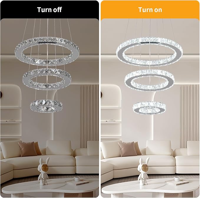 Buccleuch 3-Ring Crystal Chandelier, ETL-Listed Dimmable LED Pendant Light, Slope Ceiling Compatible Stainless Steel K9 Crystal Ceiling Light for Dining Room Bedroom Living Room, 6500K