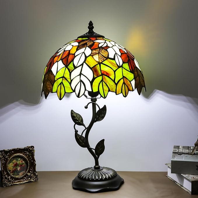 Stained Glass Table Lamp, Maple Leaf Style Metal Leaf Base Desk Reading Light 12X12X19 Inches Decor for Bedroom Living Room Office