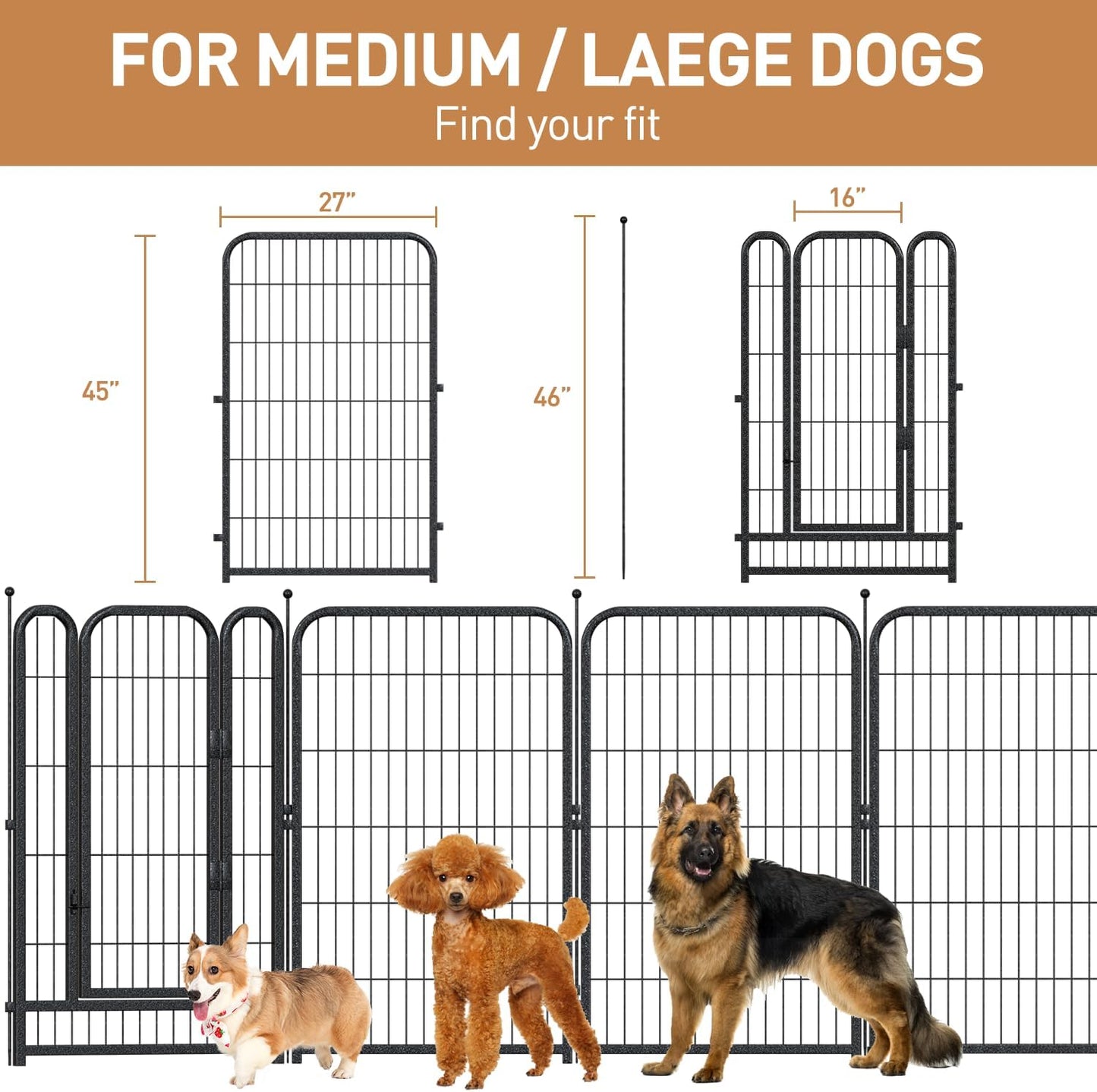 Metal Dog Playpen, 45" Inch Height 8 Panels, Large Dog Fence for Large/Medium/Small Dogs Indoor & Outdoor Bliss, Perfect Dog Pen for Camping, Yard and RV | Black-Silver
