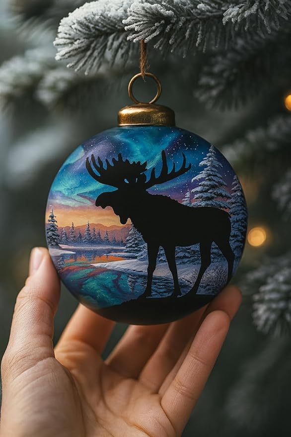 Moose Christmas Ornament – Northern Lights Winter Forest Scene – Reverse Hand-Painted Glass Wildlife Holiday Decoration – Gift-Ready with Keepsake Box