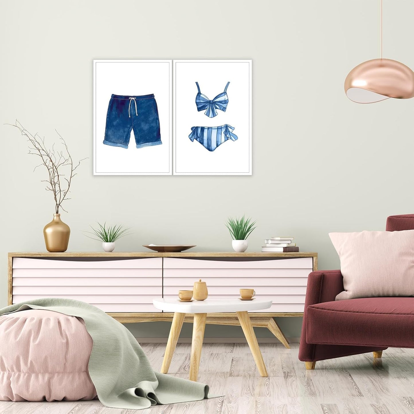 Liyark Set of 2 Retro Navy Blue And White Swimsuit Art Posters Beach Bathing Suit Prints Painting Beach House Wall Art Coastal Wall Decor Pictures For Bathroom Home Decoration 12x16in Unframed